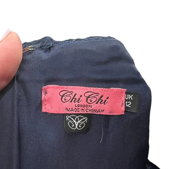 Chi Chi London Sheridan Dress Navy Blue Embroidered‎ Short Sleeve UK 12 US 8 - Picture 12 of 14